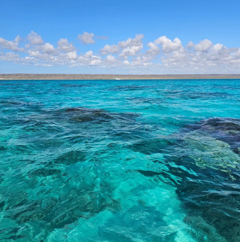 Vibrant turquoise waters over the shallow coral gardens of Ningaloo Reef, a top destination for snorkeling and water activities in Exmouth.