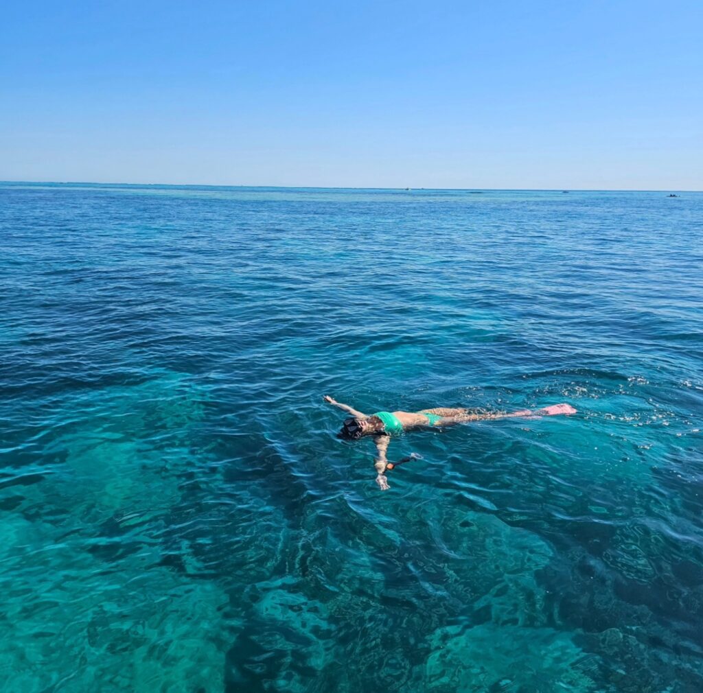 A person wearing a face mask, snorkel, and bright swimsuit floats peacefully and looks down into the calm, vibrant blue waters over the Ningaloo Reef ecosystem.